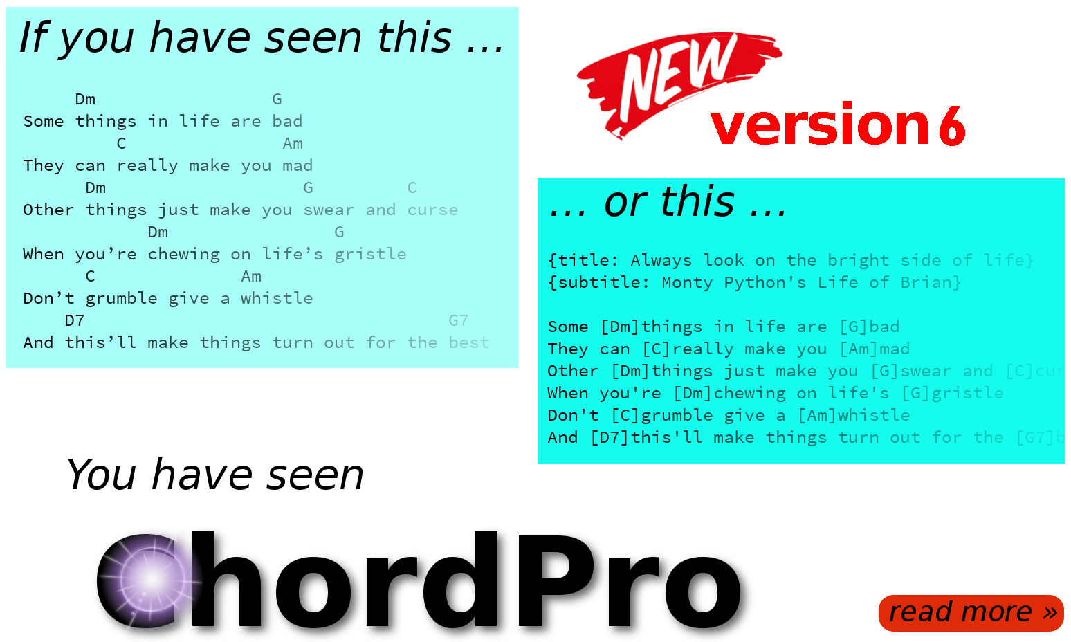 This is the official site for ChordPro, a simple text format for the notation of lyrics with chords. Although primarily intended for guitarists, it can be used for all kinds of musical purposes.
